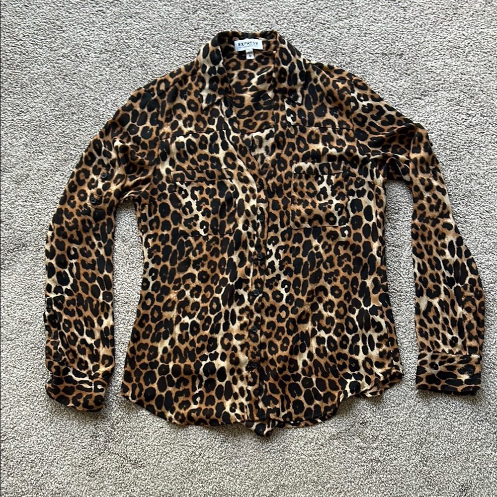 Express Leopard Print Portofino Button Down Shirt